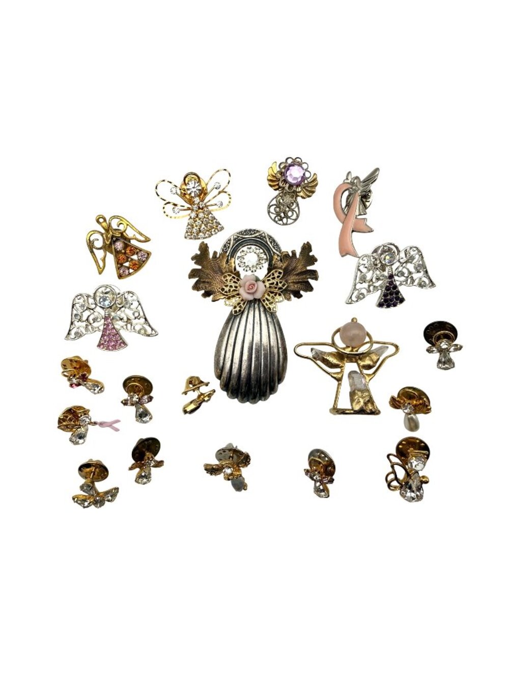 Angel & Cherub Themed Pin Brooch Lot Crystal Rhinestone Metal Accents  Lot Of 19